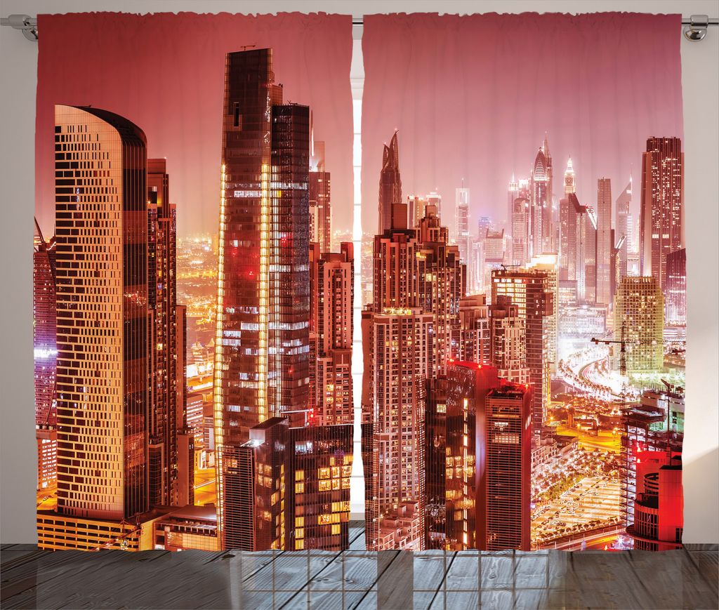 ABAKUHAUS Reise Rustikaler Vorhang, Dubai Nachtstadtbild, Wohnzimmer Universalband Gardinen mit Schlaufen und Haken, 280 x 175 cm, Mehrfarbig