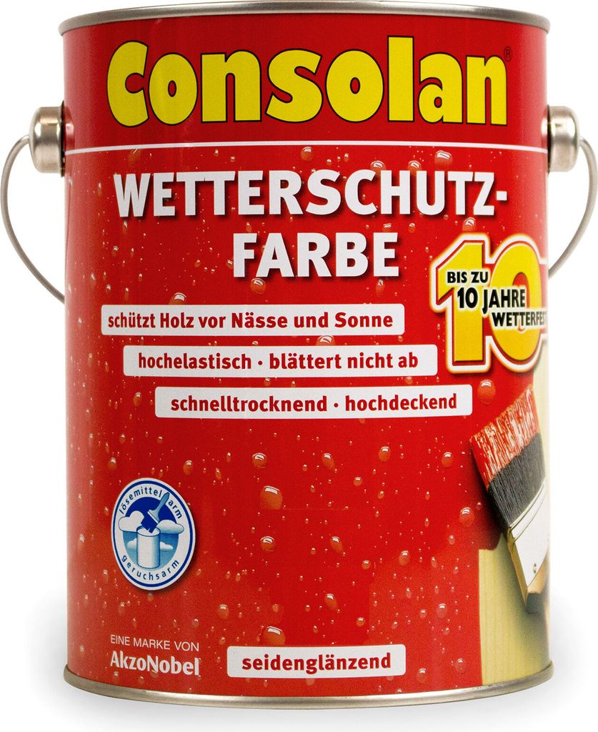 A red paint can with product information and branding.