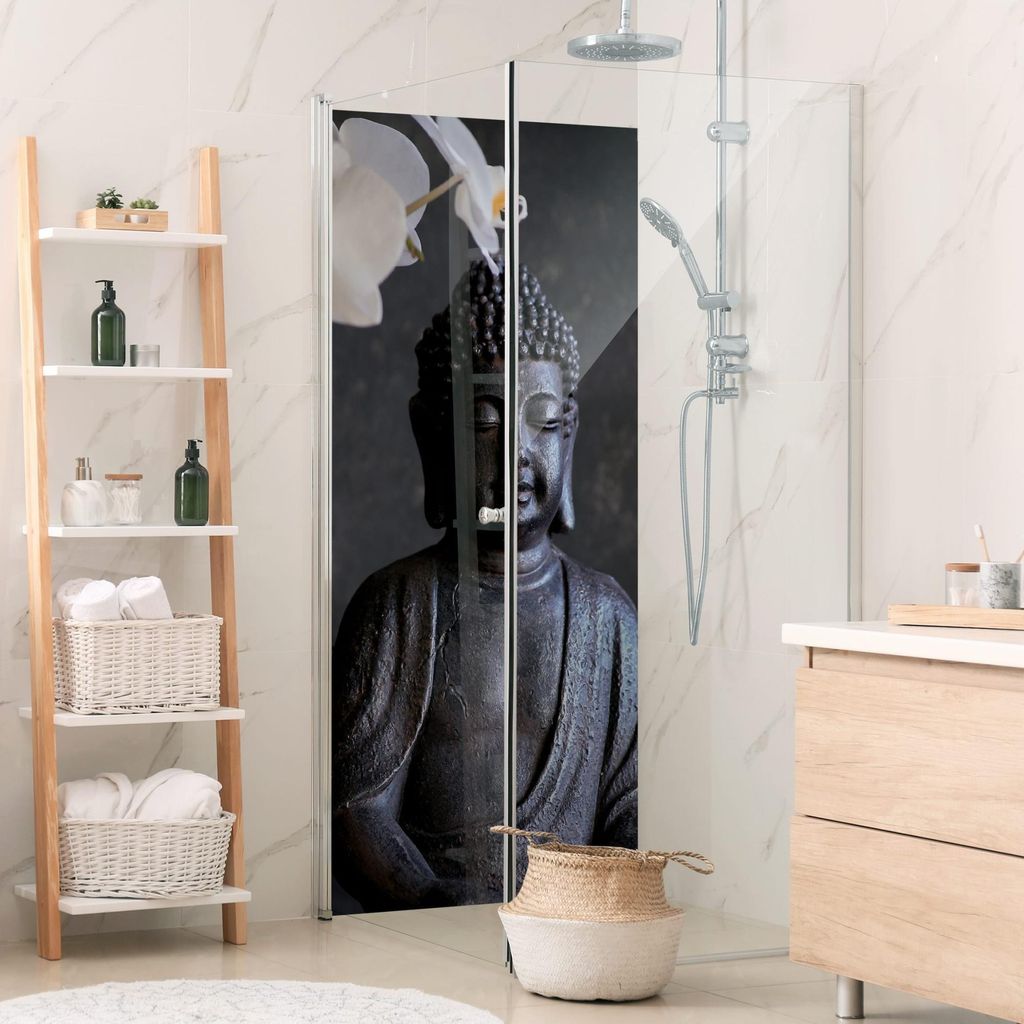 Duschrückwand Spirituell selbstklebend - 0.61 mm Wandpaneel wasserfest Orchidee schwarz Motiv Badrückwand fugenlos Premium matt 90x200 cm