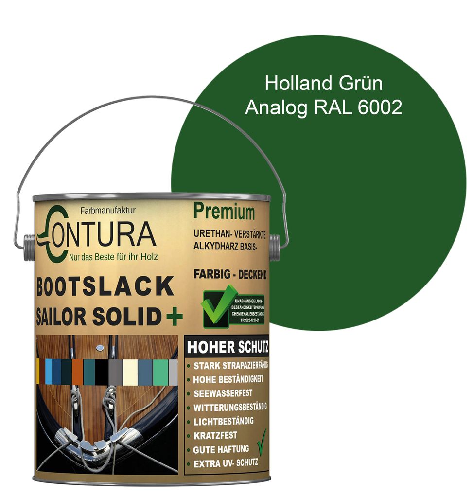 Contura Bootslack 2,5Liter. Farbig Glänzend Yacht- Buntlack Metall Holz GFK Holzlack Schiffslack RAL Boot - Holland Grün - RAL 6002 Analog