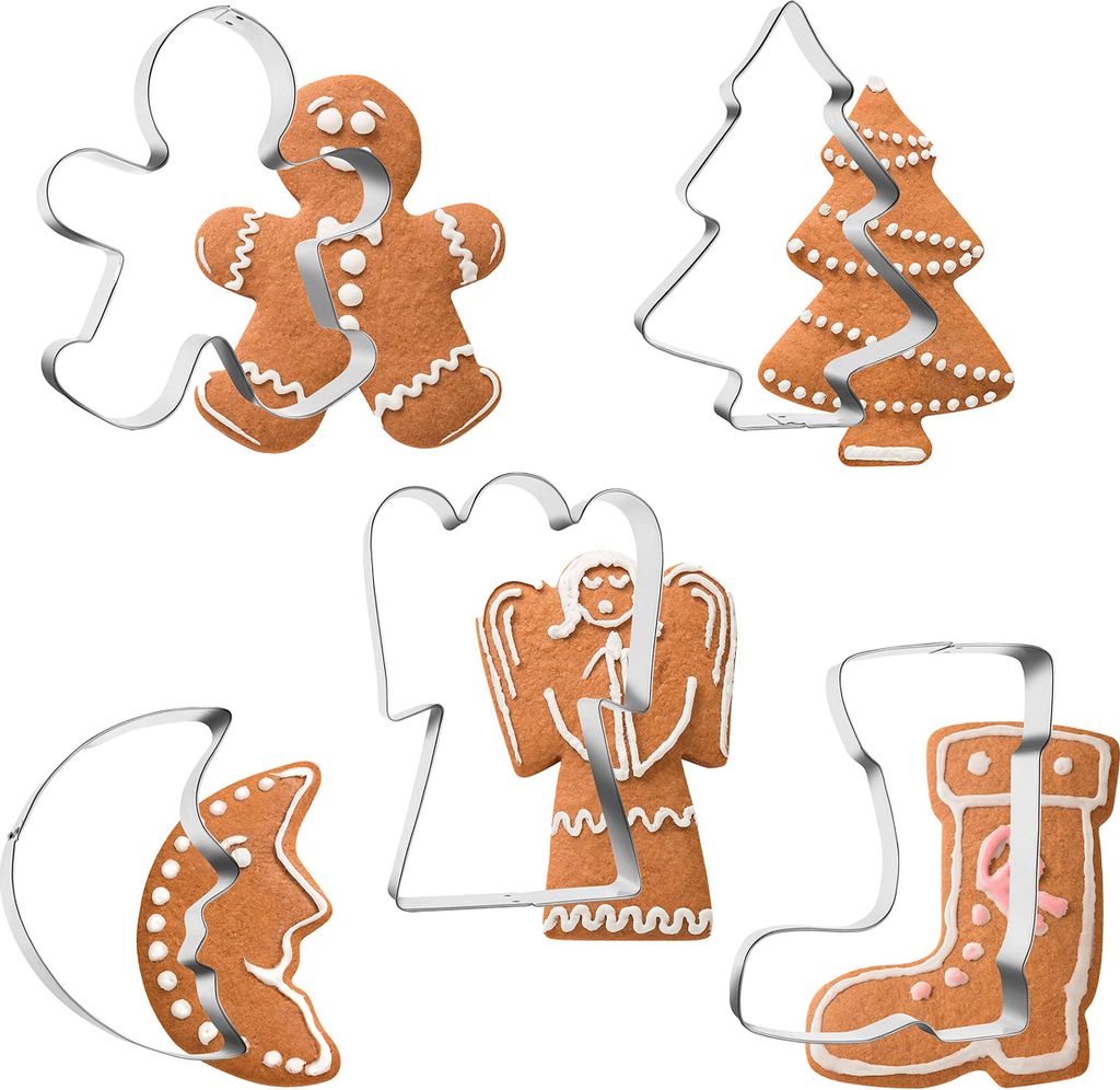 Ausstechformen Set Weihnachten 5-teilig XXL für Plätzchen & Kekse – Mond, Engel, Stiefel, Weihnachtsbaum & Lebkuchenmann
