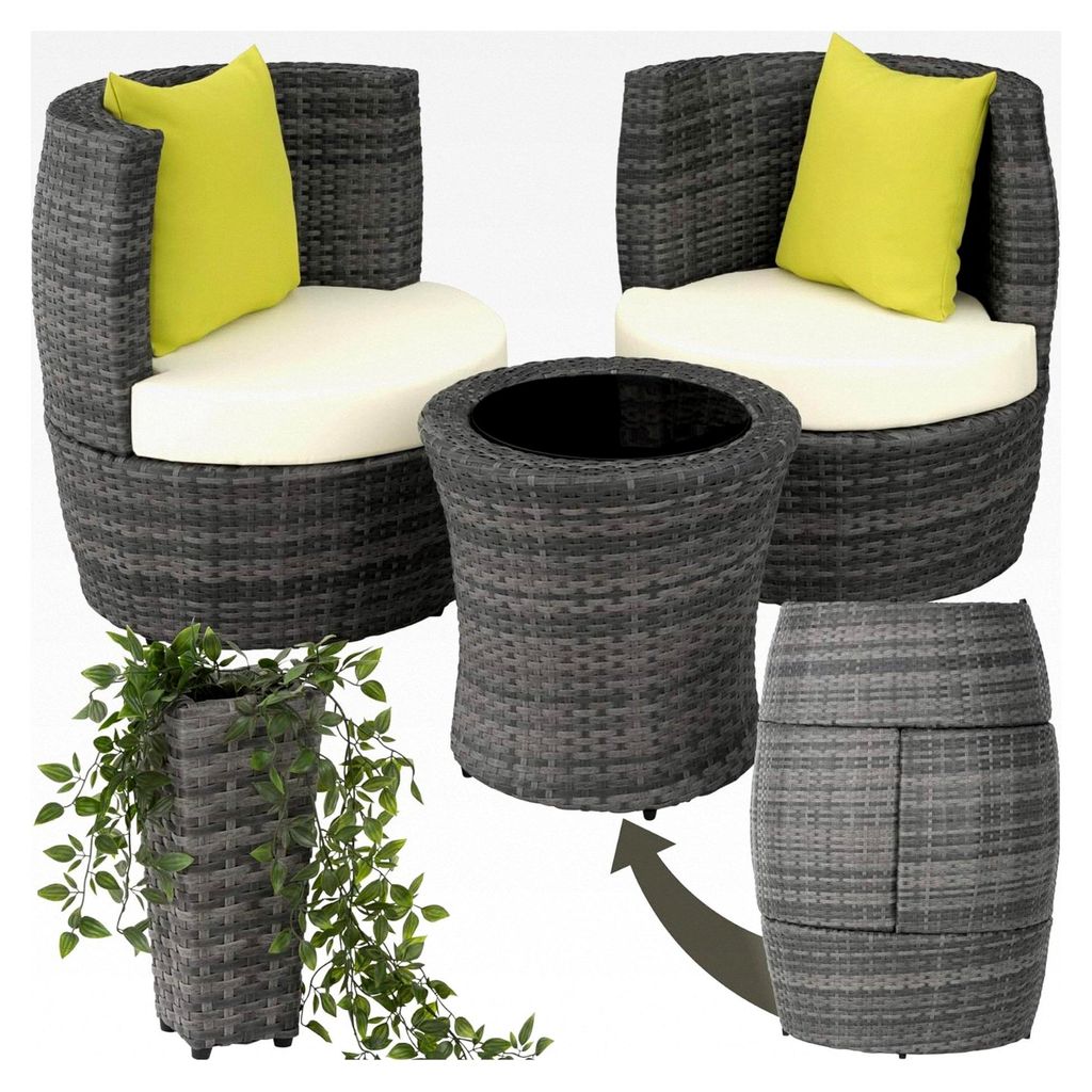 Rattan Set für 2 Personen, Balkonmöbel, Gartenmöbel Set, Outdoor Sitzgruppe mit 2 Stühlen, 1 runden Beistelltisch, 1 Vase, platzsparend zusamme...