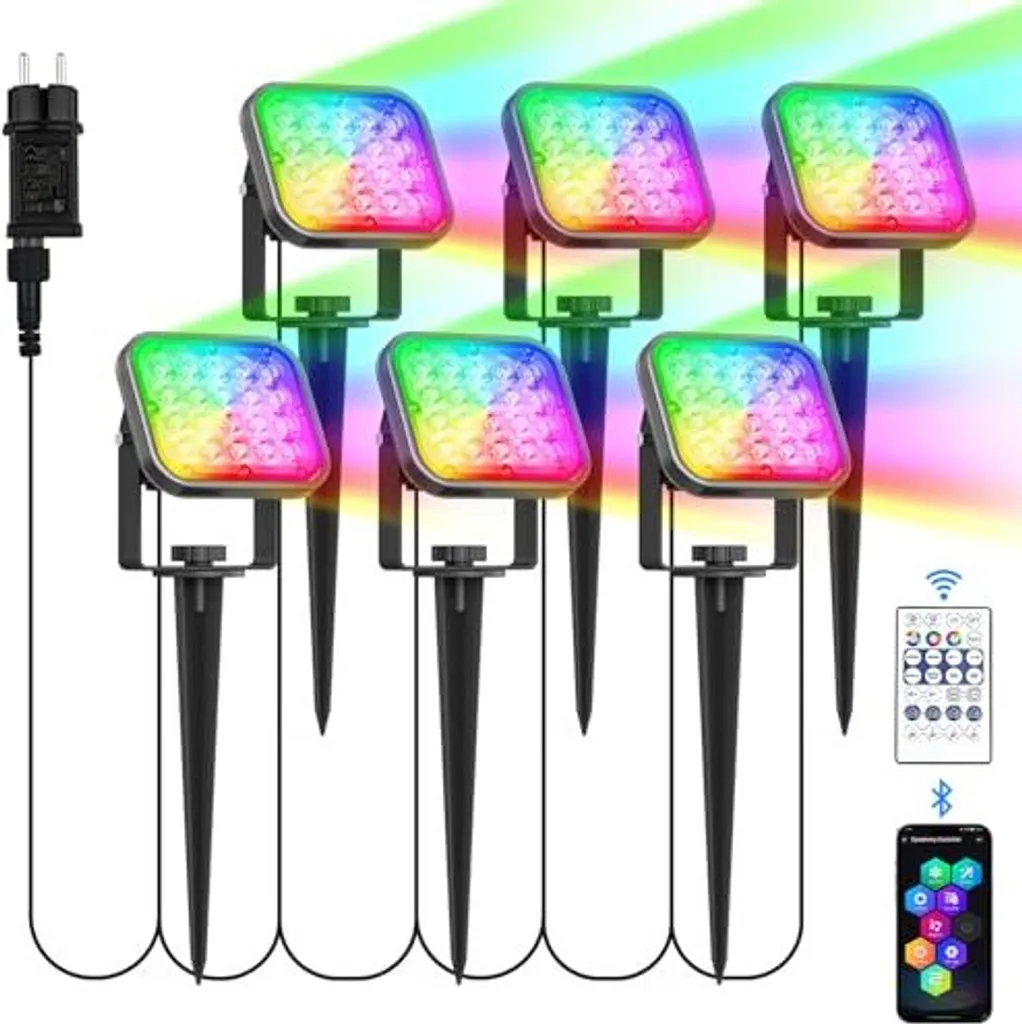 Natpow Illuminazione da giardino, Confezione da 6 luci RGB a terra, Faretto cambia colore Telecomando App Bluetooth, IP65 Lampada decorativa da giardino, Giardino,