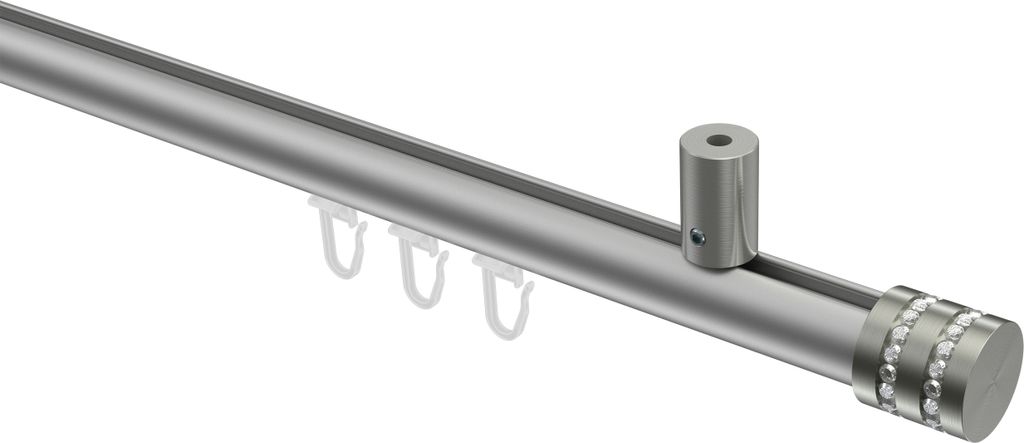 Interdeco Innenlaufstange / Gardinenstange mit Innenlauf Silbergrau / Edelstahl-Optik, Typ Sonius Estana (Glitzerkappe) Deckenmontage, 20 mm Ø 1-l...