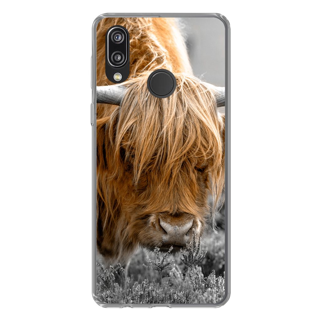 MuchoWow Handyhülle Schutzhülle Hülle für Huawei P20 Lite (2020) Scottish Highlander - Pflanzen - Schwarz - Weiß Silikon Softcase Handy Hül...