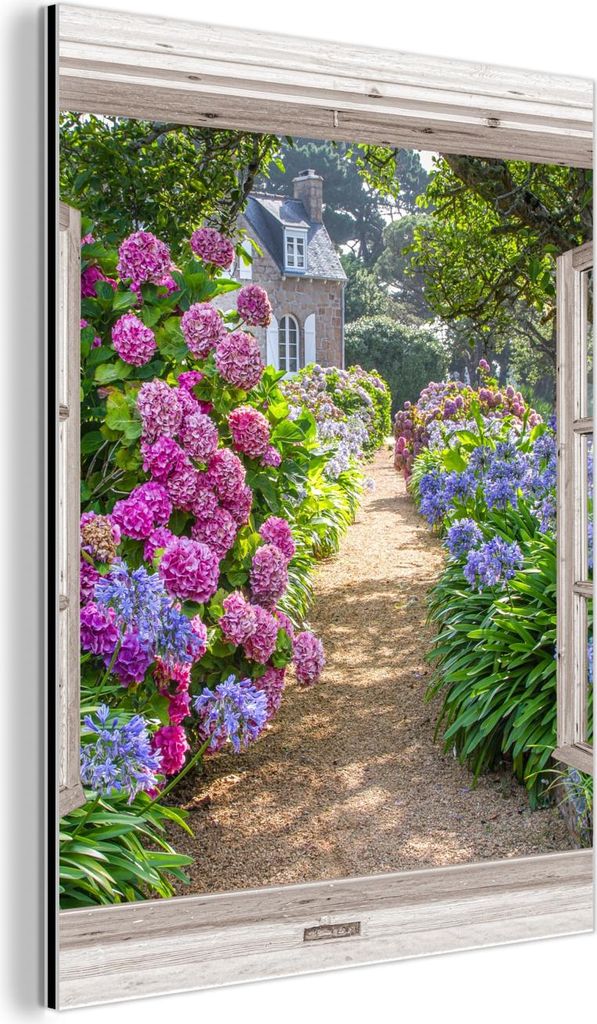 MuchoWow Wanddekoration Metall Metallbild Wandkunst 60x80 cm Hortensie - Ansicht - Blumen - Sommer - Lila - Weg MuchoWow Aluminium Gemälde - Wandd...