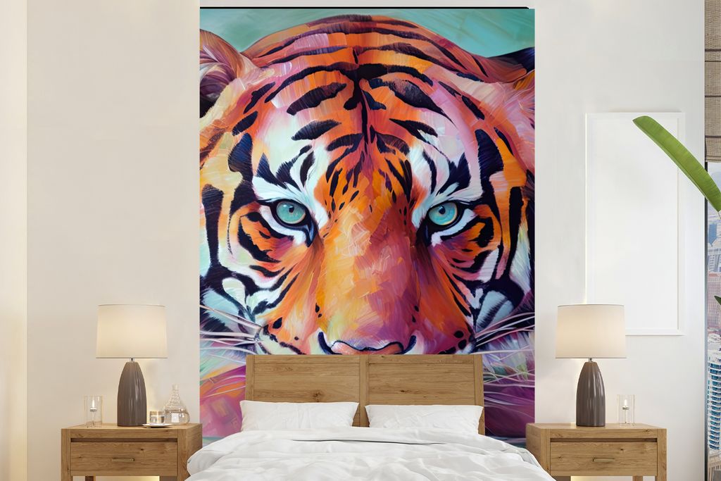 MuchoWow Fototapete für Wohnzimmer oder Schlafzimmer Wandtapete Vinyl Motivtapete Tiger - Ölfarbe - Tiere - Kunst - 155x240 cm - Tapete