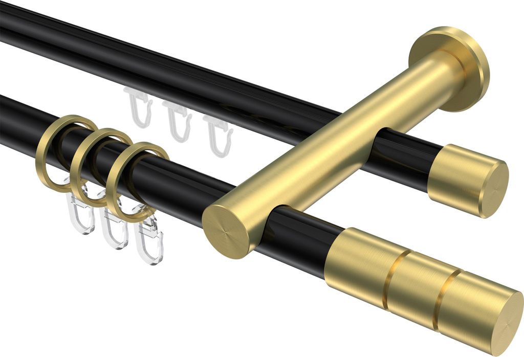 Interdeco Rundrohr-Innenlaufstange / Gardinenstange (Kombination) Schwarz / Messing-Optik, Typ Platon Elanto (Rillenzylinder), 20 mm Ø 2-läufig, ...