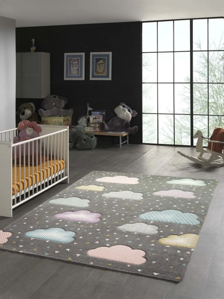 Tapis pour enfants rond gris bleu et rose - Diamètre 120 cm - Modèle LUNA