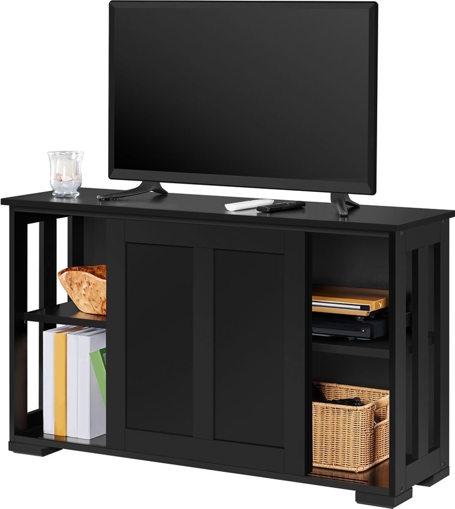 A black TV stand with a TV and accessories.