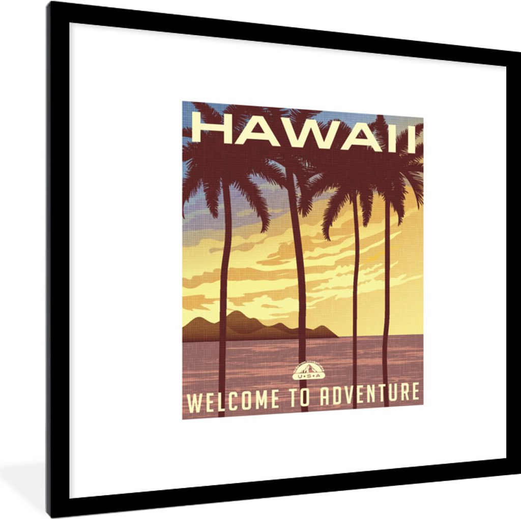 MuchoWow MuchoWow Gerahmtes Poster Hawaii - Jahrgang - Palme 40x40 cm - Poster mit zchwarzem Bilderrahmen - Poster - Plakat im Rahmen