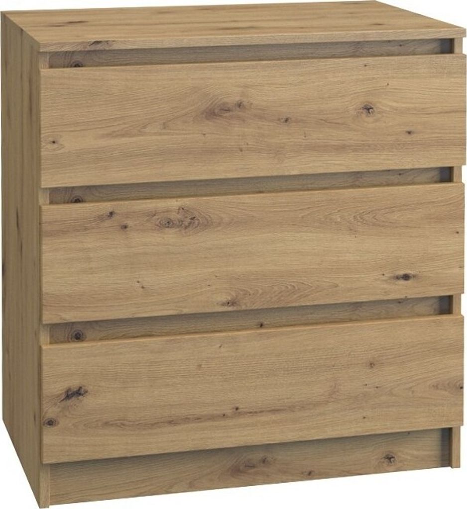 A front view of a wooden chest of drawers.