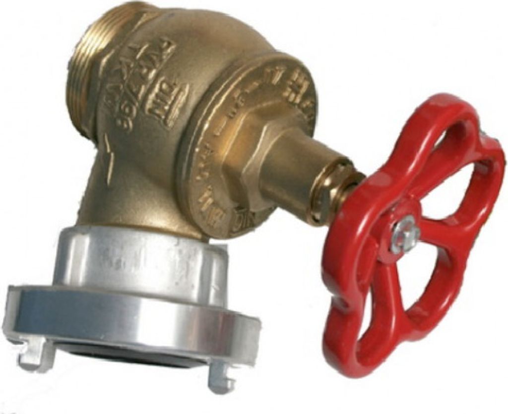A brass fire hydrant valve with a red handle on a white background.