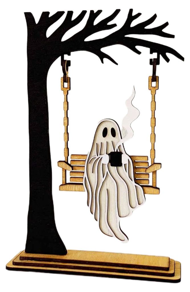 Halloween-Schaukel-Skelett-Ornament, gruselige Baumschaukel, Geister-Tischschild aus Holz mit Sockel, Heim-, Büro-, Schreibtisch- und Partydekorat...