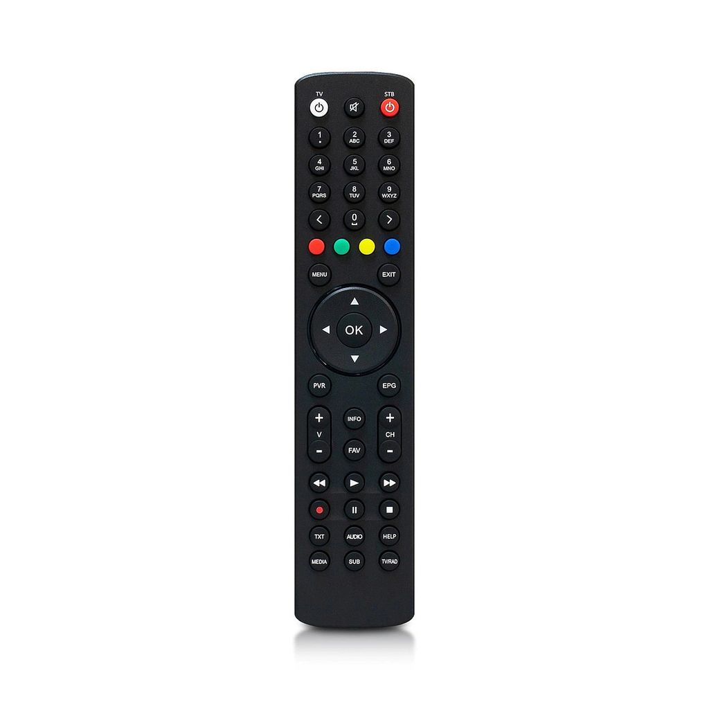 A black remote control is shown against a white background.