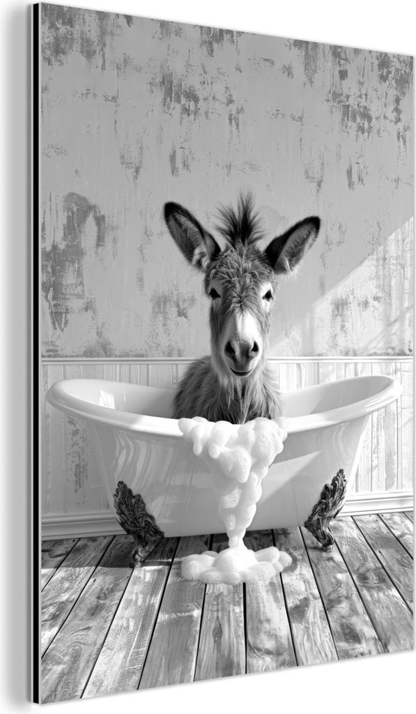 MuchoWow Wanddekoration Metall Metallbild Wandkunst 90x120 cm Esel - Tier - Vintage - Badewanne - Schwarz - Weiß MuchoWow Aluminium Gemälde - Ind...