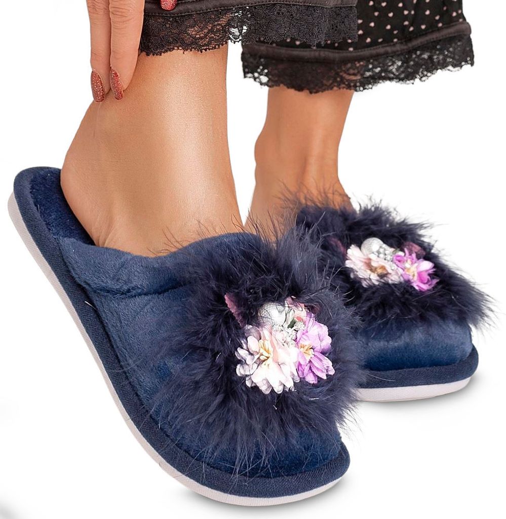 Damen Hausschuhe Pantoffeln Fell Plüsch Slipper Ballegra Dunkelblau Gr.36