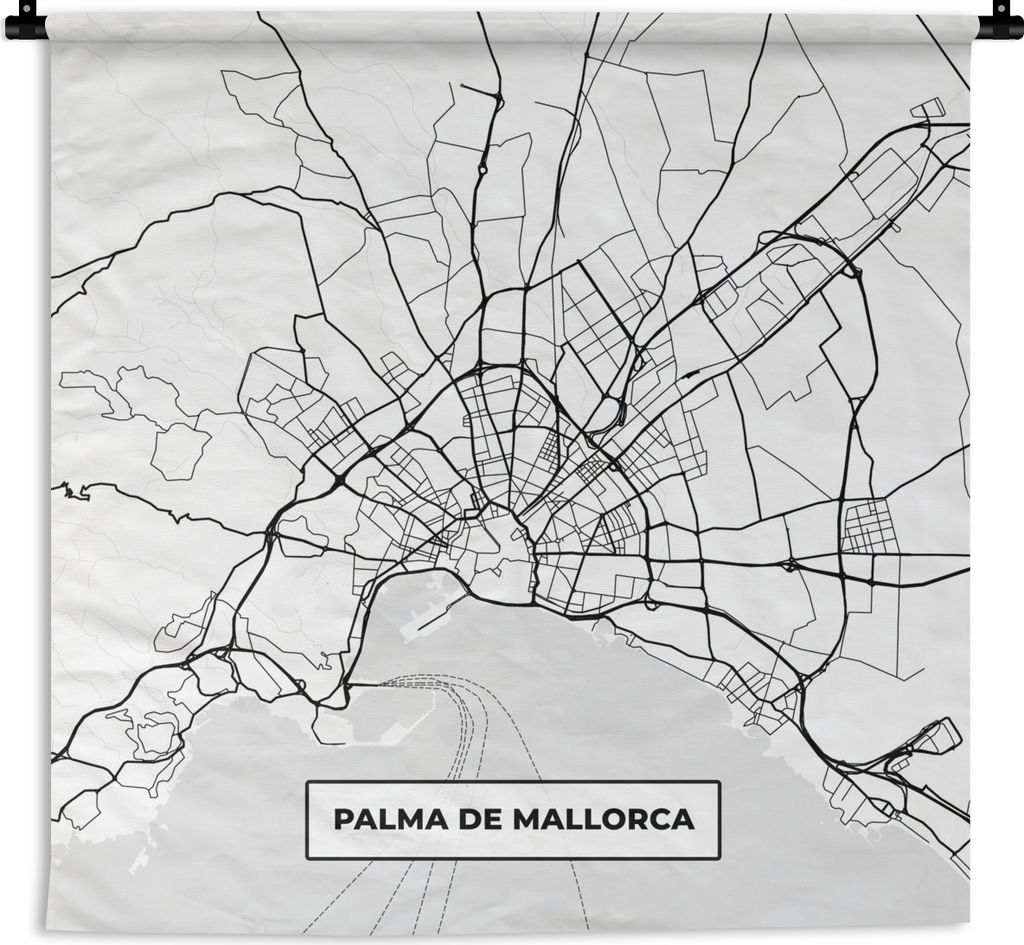 MuchoWow Wandteppich Wandbehang Karte - Mallorca - Stadtplan - Schwarz und weiß - Karte 120x120 cm Tapisserie Dekoration Wandtuch - Modern - Bau...