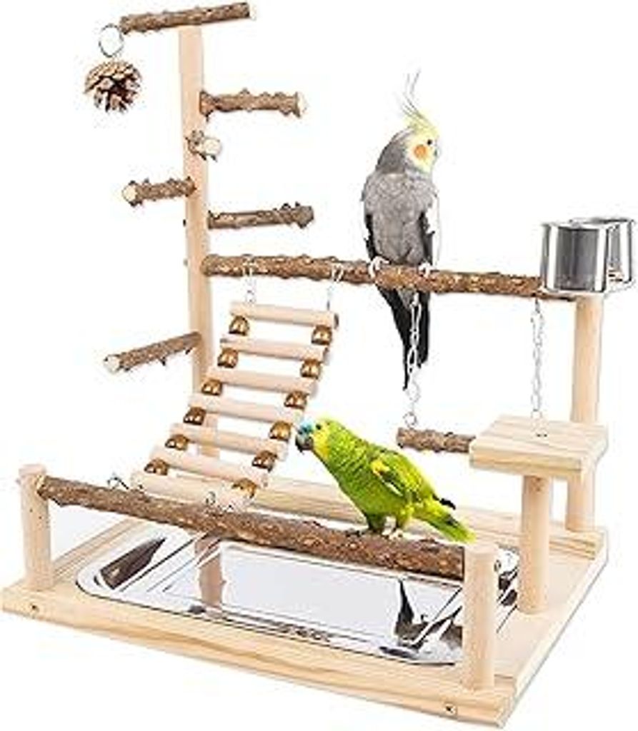 Vogel Spielständer – Holz Papageienständer, Vogel Spielplatz mit Leiter, Schaukel, Feeder-Cup, Tablett und Kauspielzeug Haustier Übungsspiel G...