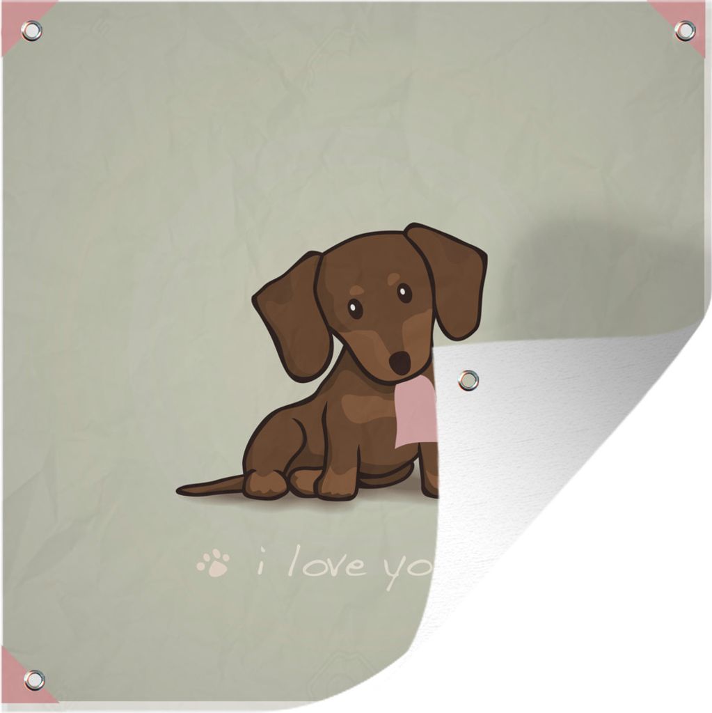 MuchoWow 100x100 cm Outdoor-Poster Gartendeko Sichtschutz Garten Poster für den Garten Eine Illustration eines braunen Welpen mit einem Herz