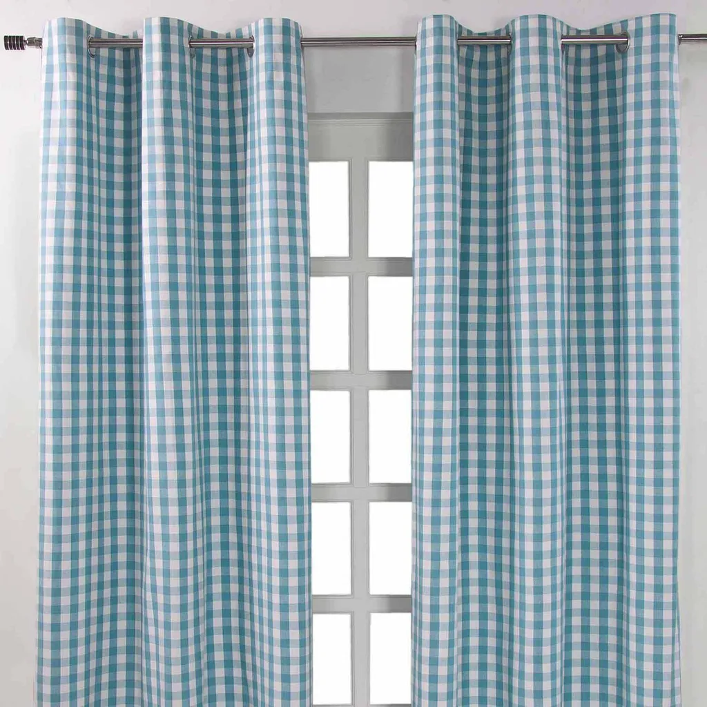 HOMESCAPES Lot de 2 Rideaux à Œillets Bleus à Carreaux, 228 x 137 cm