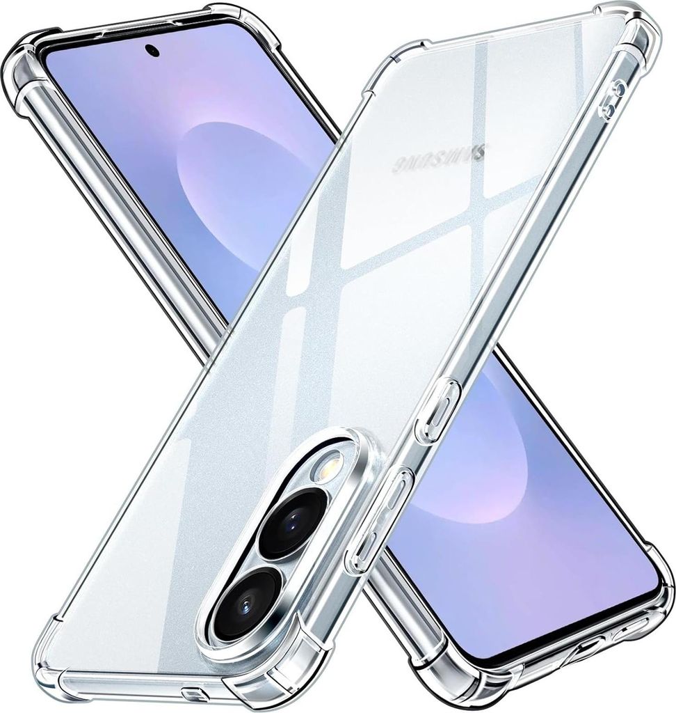 Two transparent phone cases are shown crossed over each other, with phones inside them.