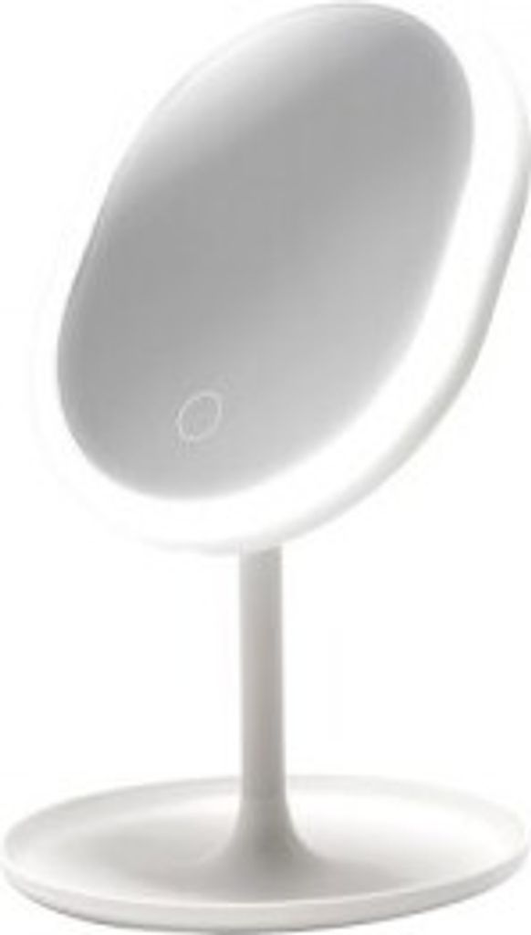 A white LED makeup mirror with a round base and a single stem.