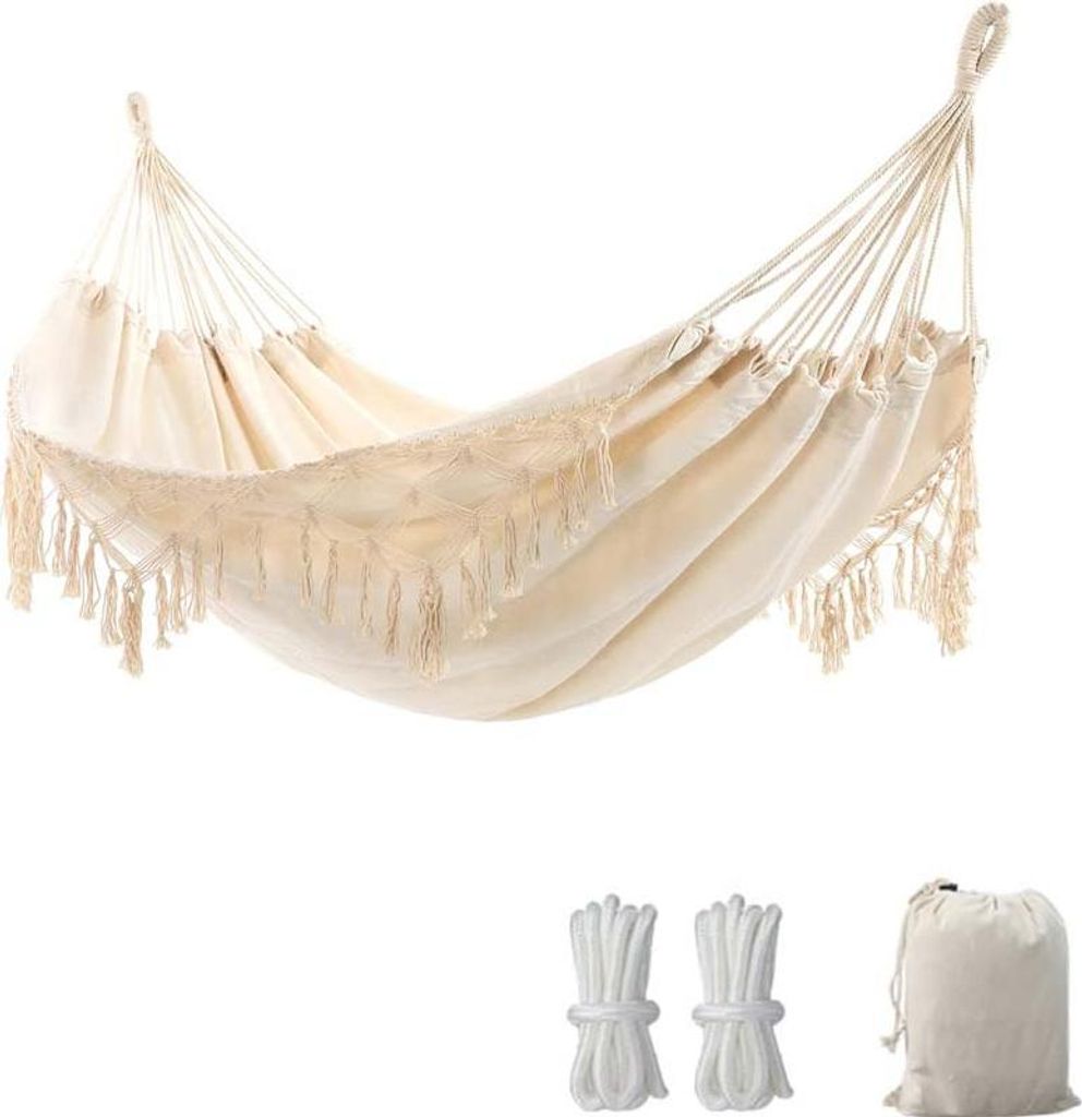Hängematte Outdoor Boho Hängematte 2 Personen, Tragfähigkeit bis zu 204kg, tragbar mit Tragetasche für Patio Garten Hof Indoor - Beige
