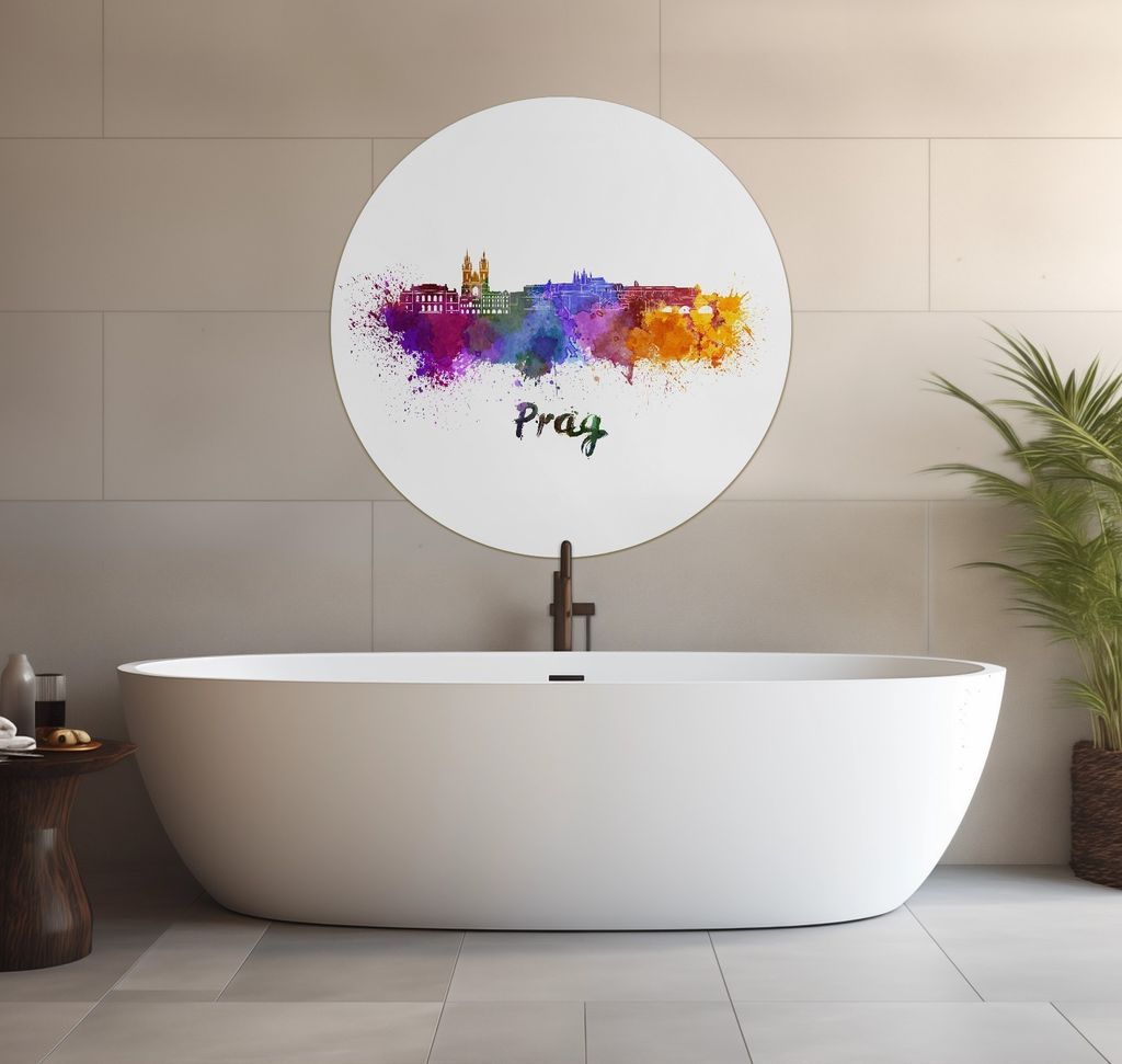 Wallario wasserfestes Poster selbstklebend 90 x 90 cm, Städte als Aquarell - Skyline von Prag, Badezimmerposter Spritzschutz mit Hochglanzoberflä...
