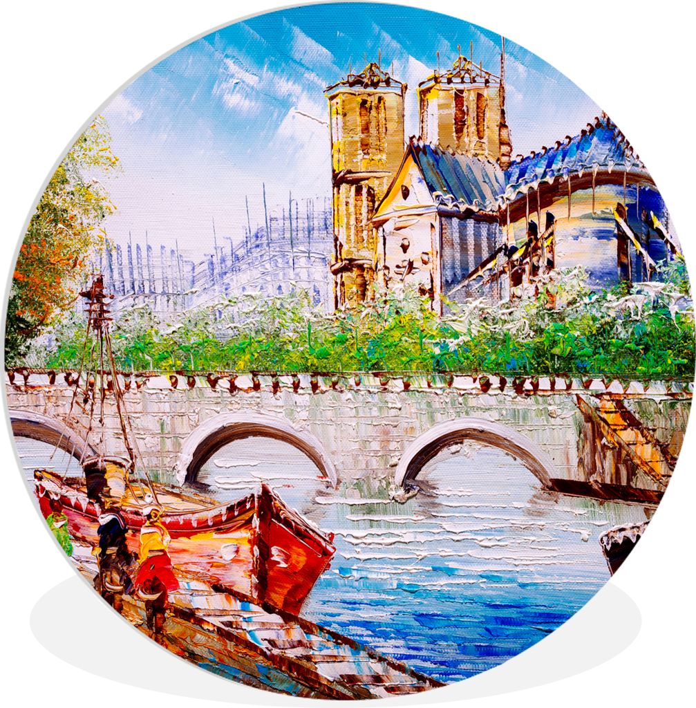 MuchoWow Rundes Wandbild - Runde Bilder Gemälde - Paris - Boot - Brücke Ø 30 cm Kreis Wanddekoration Kunststoff - Wandkreis - Wandschmuck - Sc...