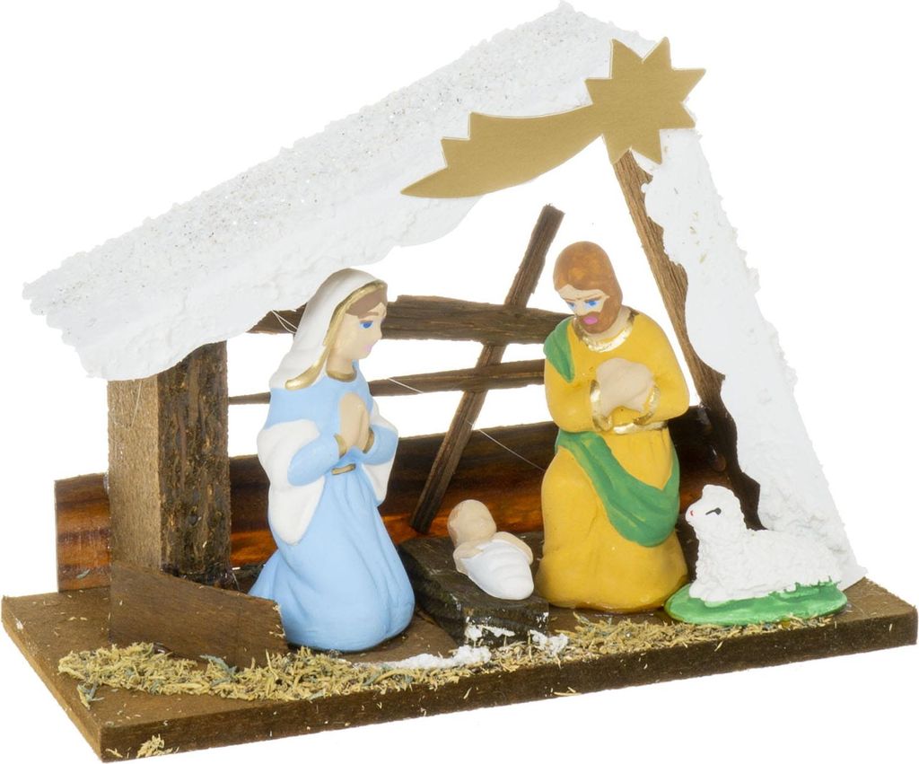 Holzkrippe 12cm Weißes Dach - Weihnachtsdeko Set