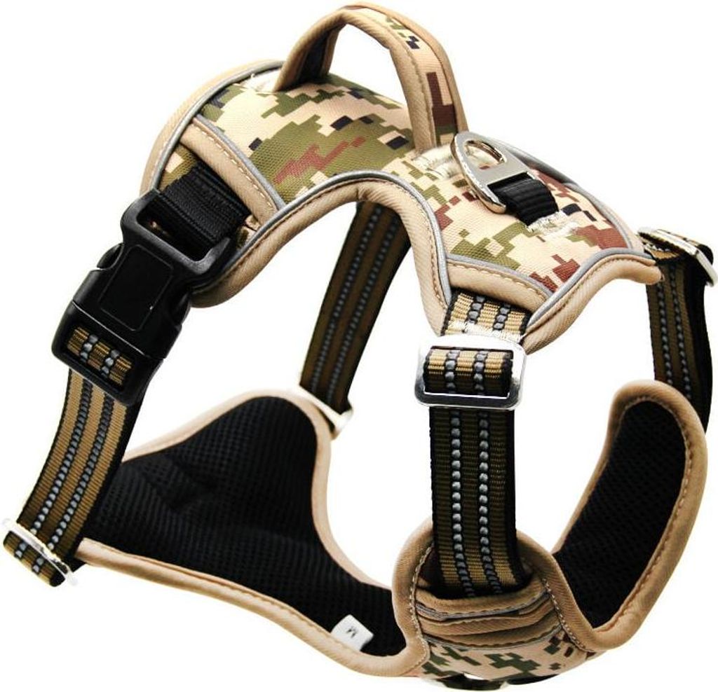 Tarnfarbenes braunes Hundegeschirr, Größe M, Anti-Zug-Hundegeschirr, atmungsaktive, verstellbare, strapazierfähige reflektierende Weste, leicht ...