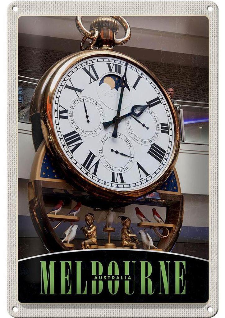 Blechschild Reise 20x30cm Melbourne Australien Uhr Vögel