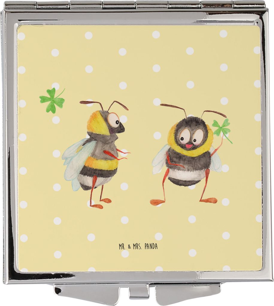 Mr. & Mrs. Panda Kosmetikspiegel Hummeln Kleeblatt - Gelb Pastell - Geschenk, Biene Deko, Schminkspiegel, Handspiegel, Spruch Fröhlich, Taschenspi...