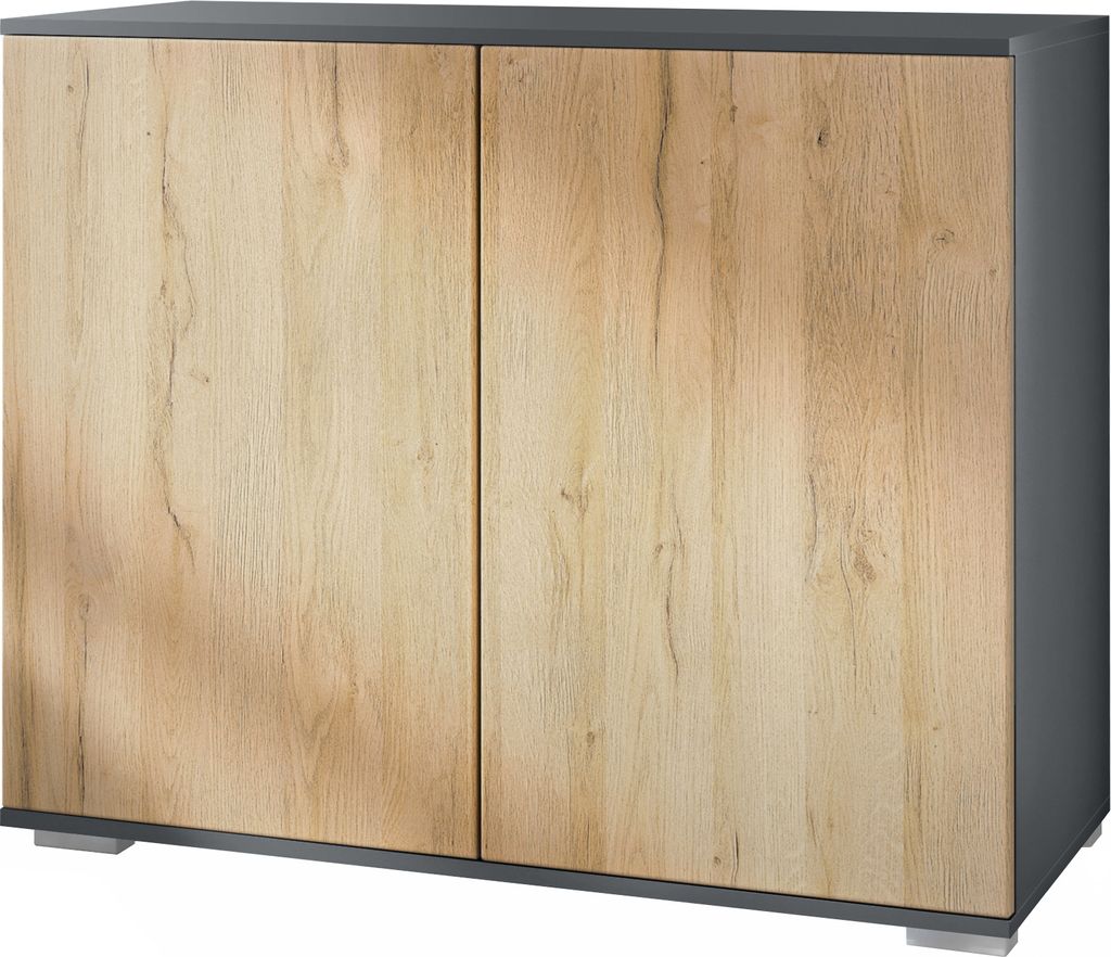 Vladon Kommode Skadu V3, Moderner Küchenschrank mit 2 großen Türen Anthrazit matt / Eiche Natur (92,5 x 75.5 x 35)