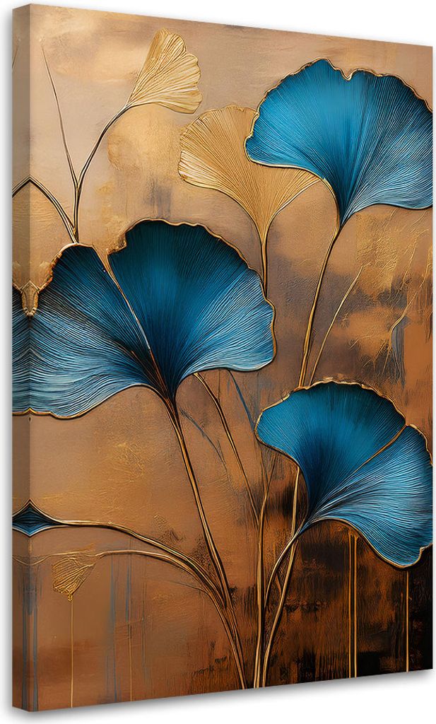 Leinwandbild Blumen Ginkgo Botanik Art Deco 70x100 Feeby Beige bild für die wand bereit zum aufhängen