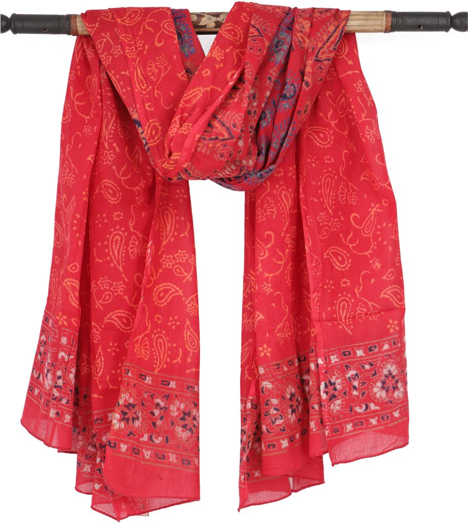 Leichter Mandala Pareo Schal, Sarong, Handbedrucktes Baumwolltuch, Wandbehang - Modell 10, Uni, Rot, Baumwolle, 160*100 cm, Sarongs & Tücher