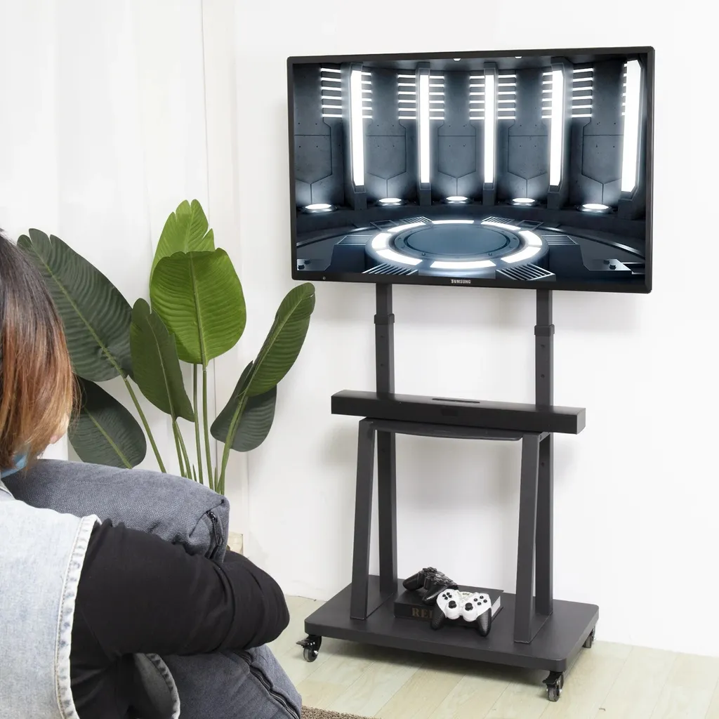 Support TV réglable en hauteur avec roues - Structure Acier Noir Robuste - 3