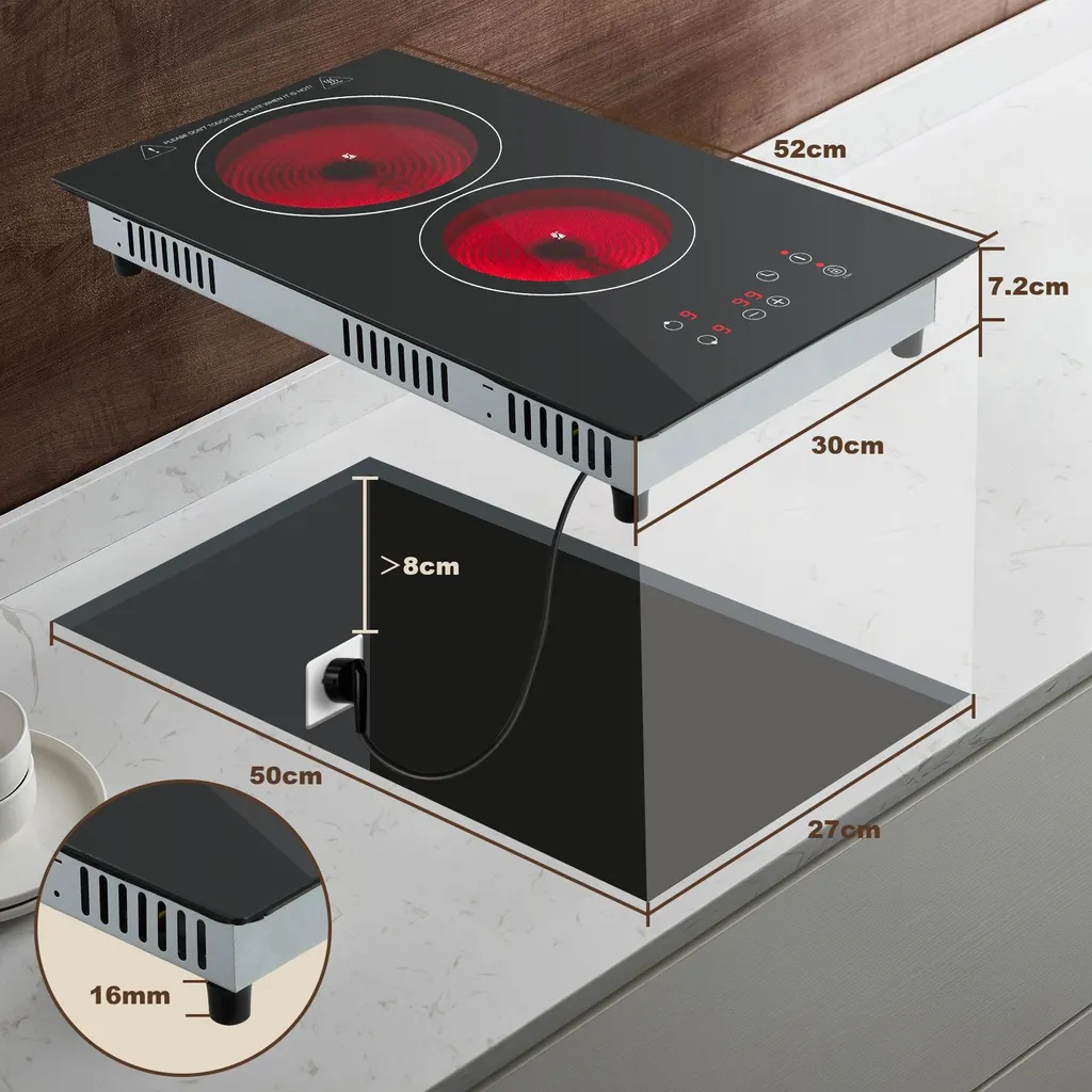 Plaque de cuisson vitrocéramique 2 feux 3000W commande tactile noir 29cm