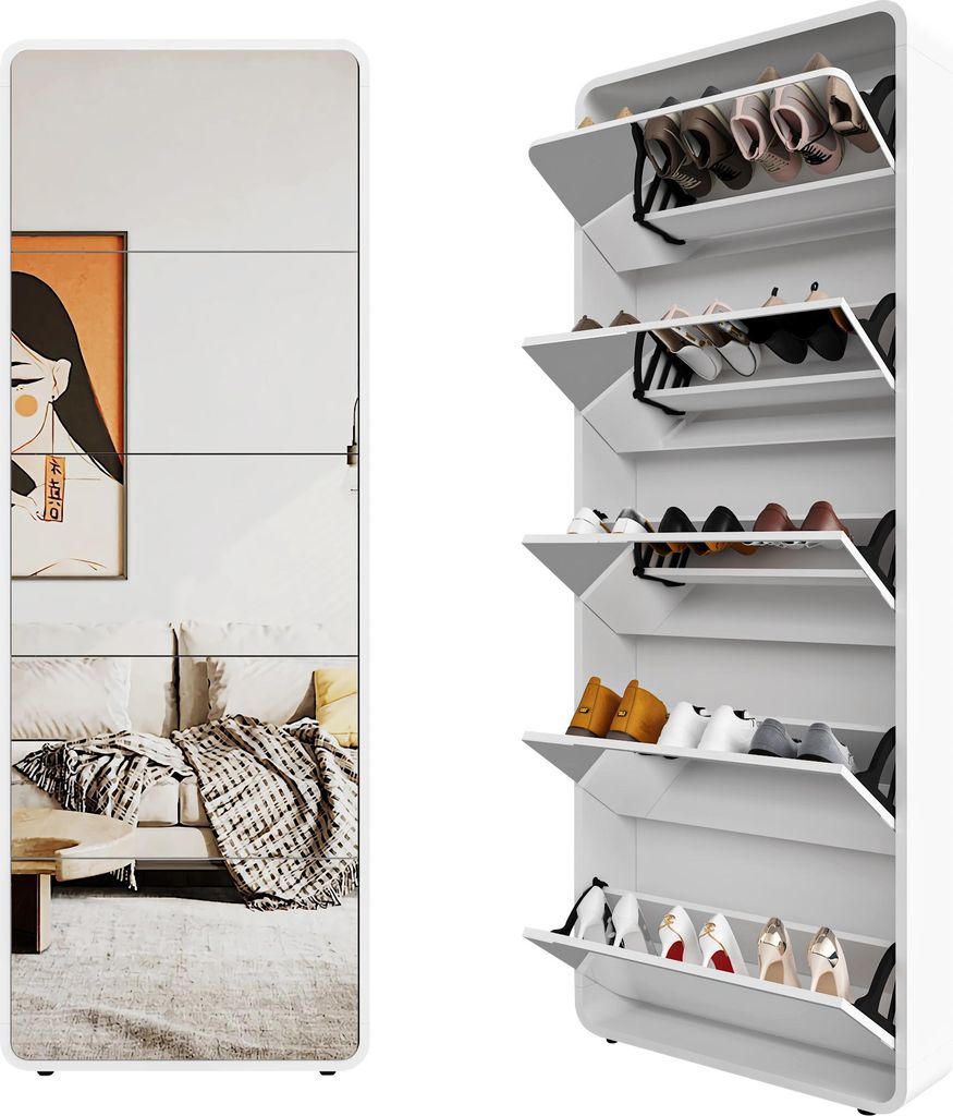 A white shoe cabinet with multiple flip-out drawers, some of which contain shoes. A mirrored panel on the left side reflects a living room scene.