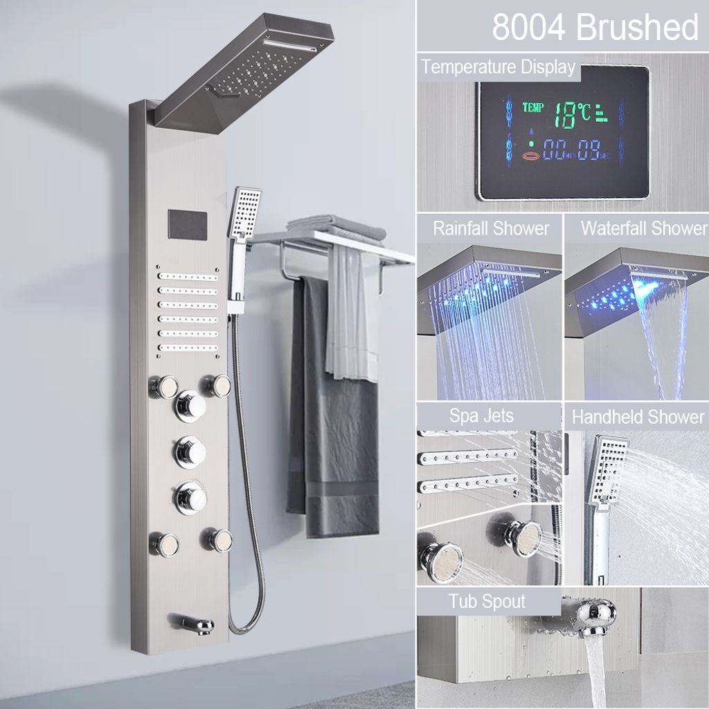 Linuode LED-Licht Duschpaneel Wasserfall Regendusche Wasserhahn Set SPA Massage Jet Badewanne Duschsäule Dusche Mischbatterie Turm,gebürstetes Ni...