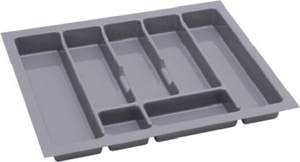 A gray plastic cutlery organizer with multiple compartments.