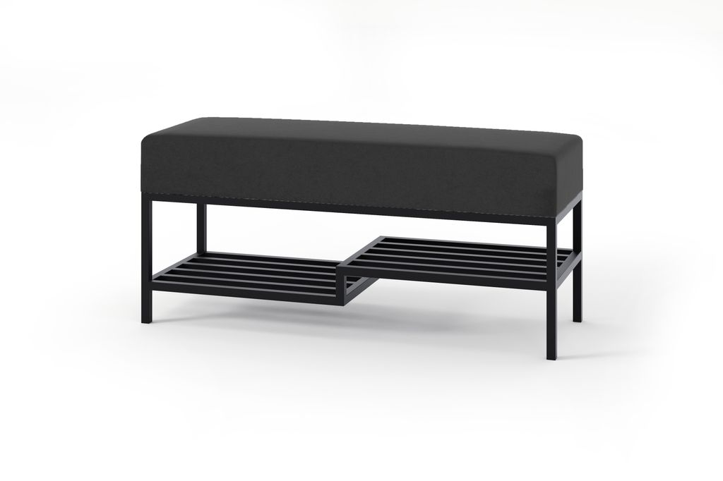 A black bench with a two-tiered shelf underneath, shown against a white background.