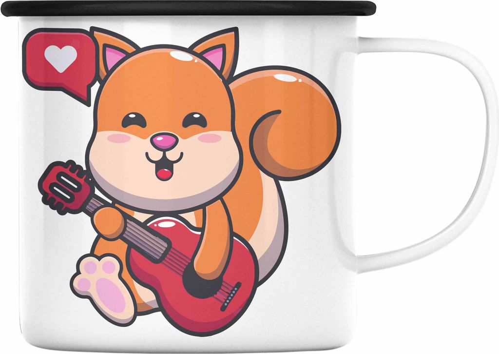 Trendation - Eichhörnchen Emaille Tasse Geschenk Grafik für Eichhörnchen Liebhaber Geschenkidee Lustige Emaille Tasse (Schwarz)