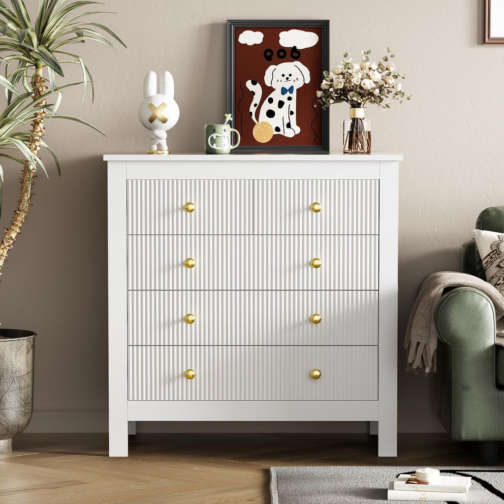 STILVORA Moderner Kommode Sideboard mit viel Stauraum und sechs Schubladen,Beistellschrank mit goldene Griffe,Weiß
