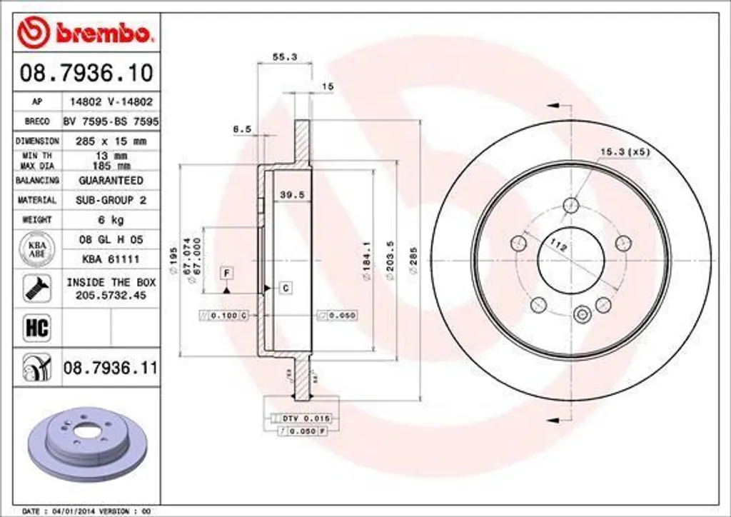 Brembo 08.7936.11 Disque de Frein Arrière OE 1634210112 Classe M W163