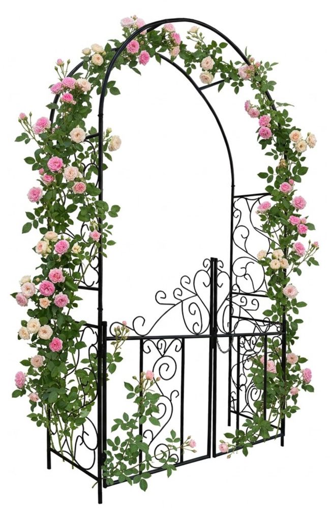 Relaxdays Rosenbogen mit Tor, Ranken Ornamente, Vorgarten & Garten, Torbogen HxBxT: 230 x 130 x 38 cm, Metall, schwarz