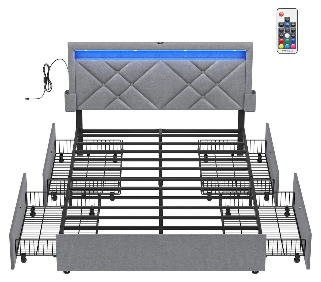 Polsterbett Doppelbett - Metallrahmen - LED-Beleuchtung - 4 Schubladen - Ladestation - Breite 140 cm - Hellgrau/Mattschwarz