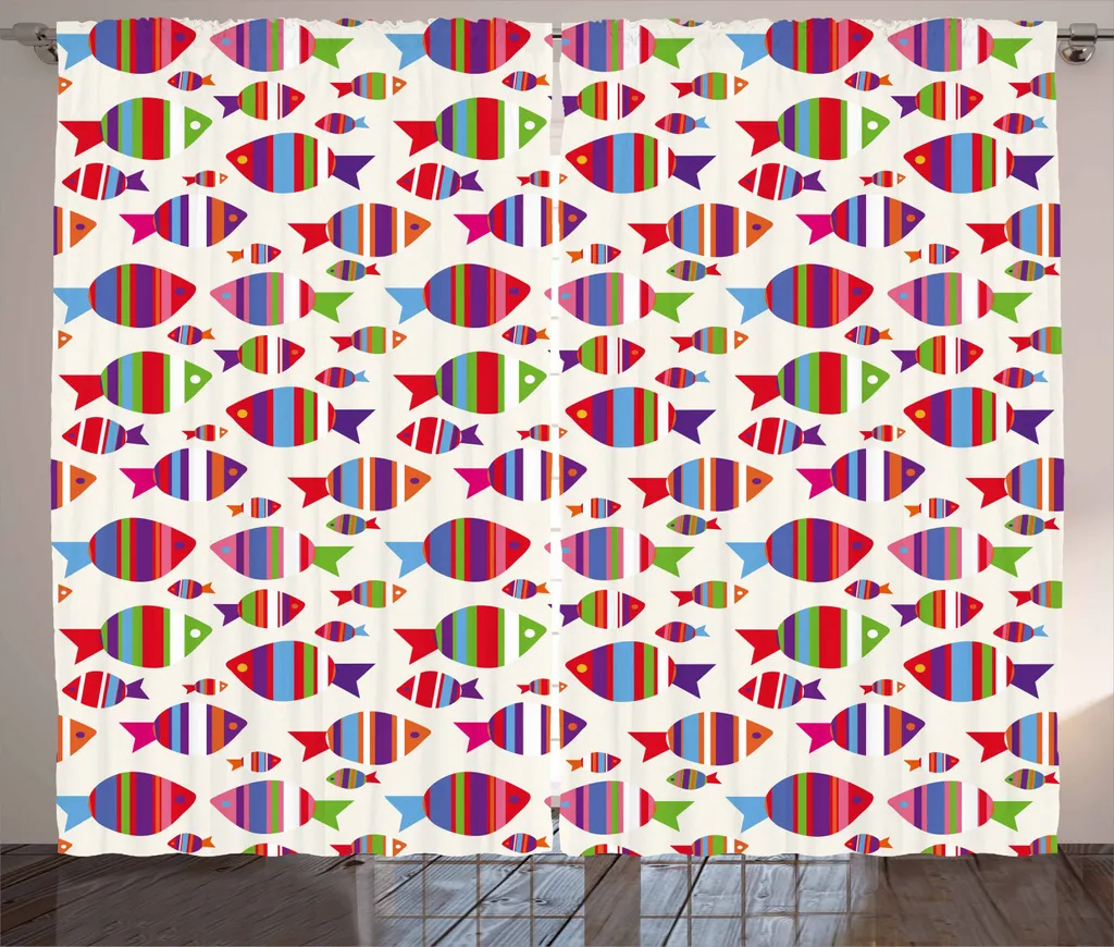 ABAKUHAUS Tenda rustica con motivo a pesci, vivaci pesci a strisce, tende universali per soggiorno con passanti e ganci, 280 x 225 cm, multicolore