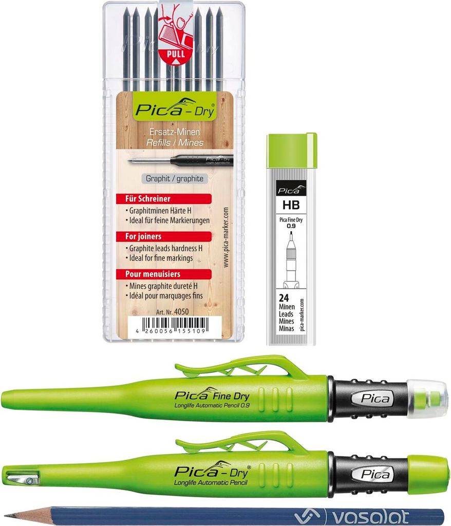 Pica Marker Set - Pica Fine Dry 0.9 + Pica Dry + 10 Stück Ersatzminen graphit Härte H + 24 Stück Ersatzminen graphit HB